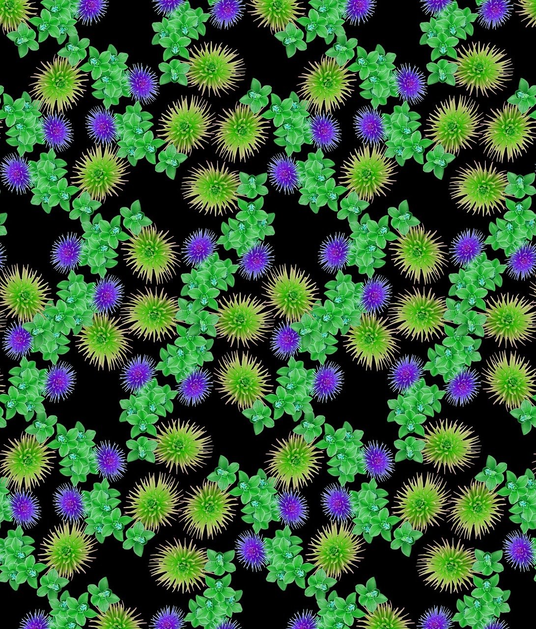 a bunch of green and purple flowers on a black background, a digital rendering, inspired by William Morris, deviantart, digital art, green sea urchin, background full of lucky clovers, thorn background. d&d, digital collage