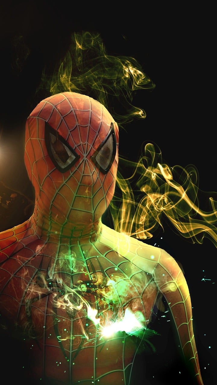 a close up of a person wearing a spider - man costume, digital art, inspired by Alton Tobey, smoke effects, 3d render”, he has a glow coming from him, wallpaper”