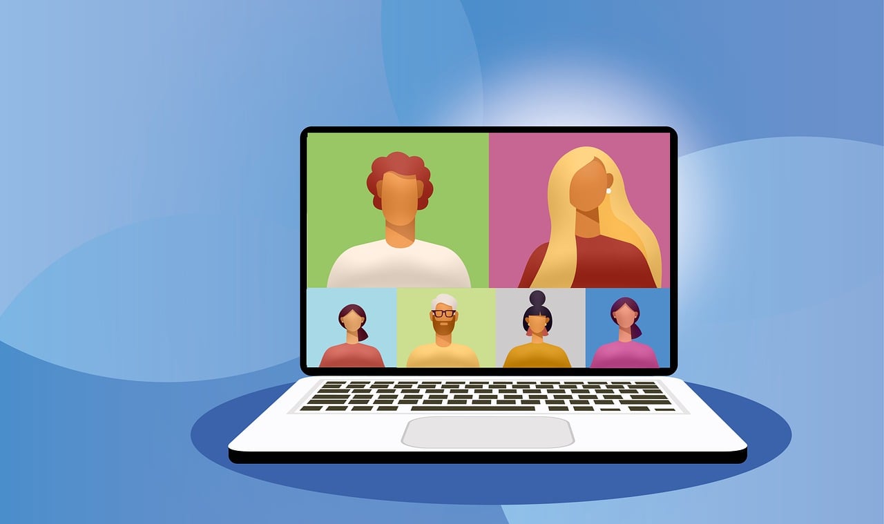 a laptop with a group of people on the screen, a computer rendering, by Whitney Sherman, shutterstock, with a blue background, avatar with a blond hair, colorfull illustration, webcam