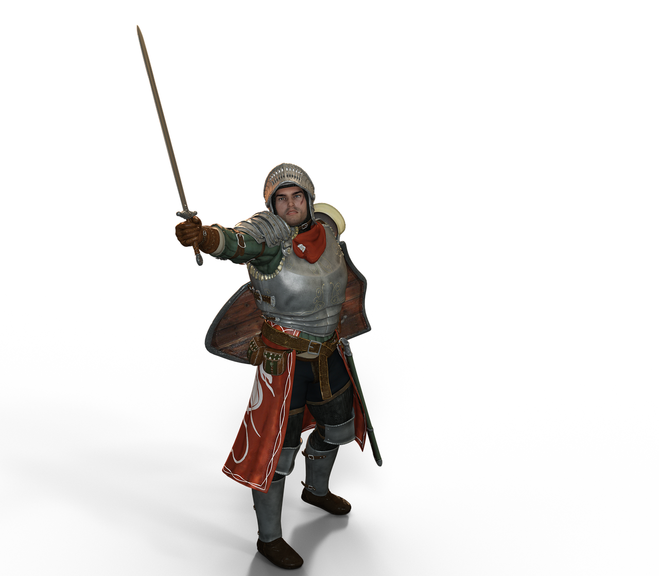 a man dressed in armor holding a sword, a raytraced image, inspired by Jacopo de' Barbari, polycount, renaissance, white and orange breastplate, ingame image, soldier, wearing green armor and helmet