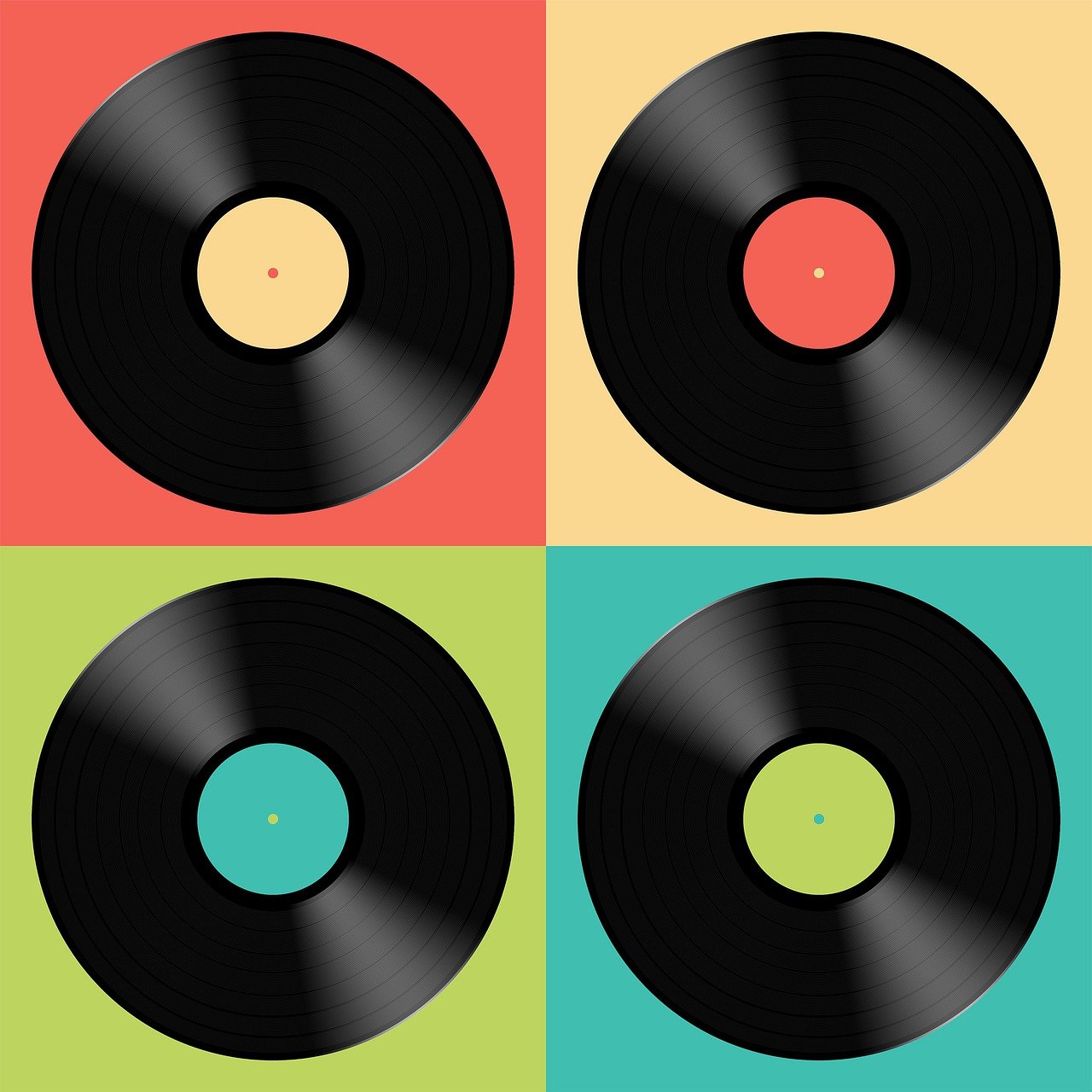 a set of four different colored vinyl records, by Leon Polk Smith, pop art, high quality illustration, black squares on 4 corners, artwork, 7 0 s photo