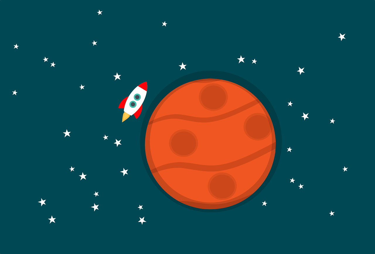 a space shuttle flying over a red planet, flat vector art background, planet uranus, round about to start, top down extraterrestial view
