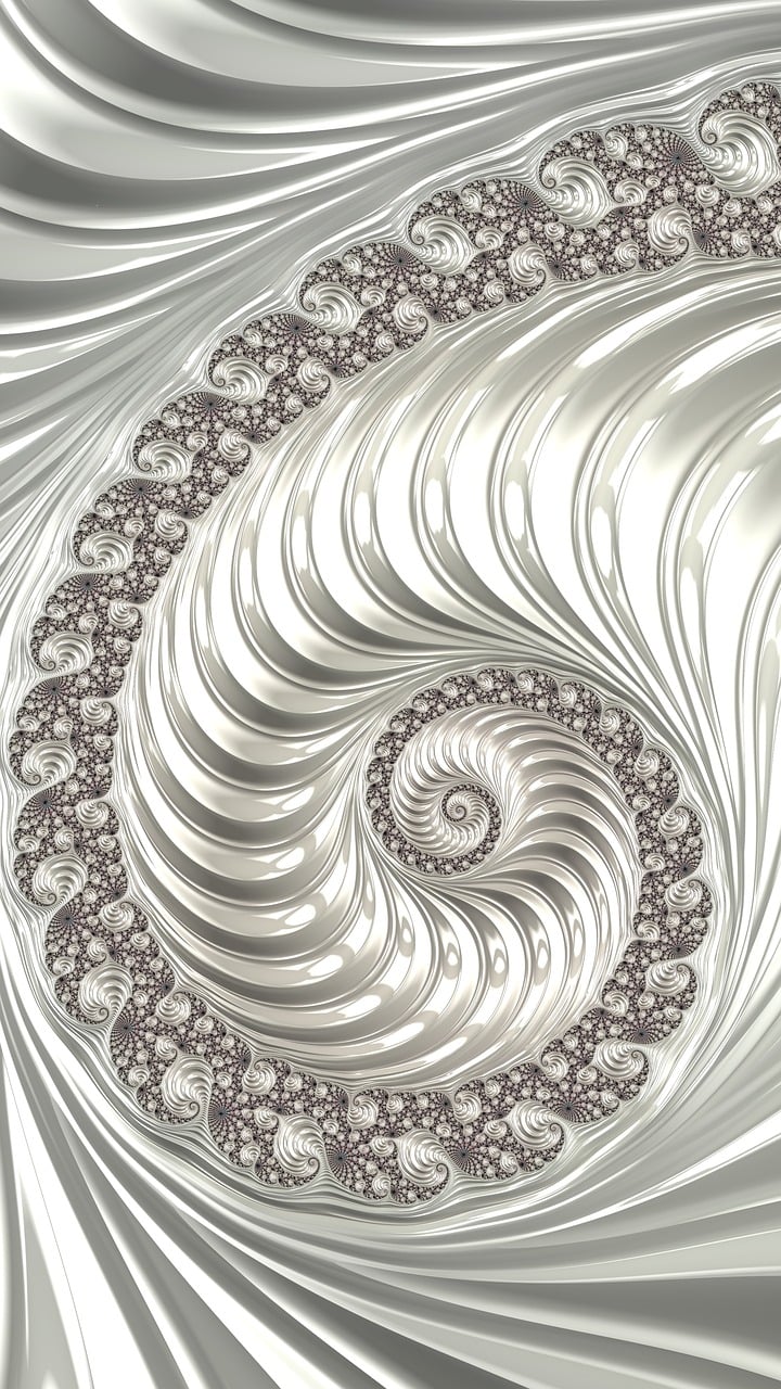 a computer generated image of a spiral design, a digital rendering, pearls and shells, elegant smooth silver armor, ornate background, intricate fine lines