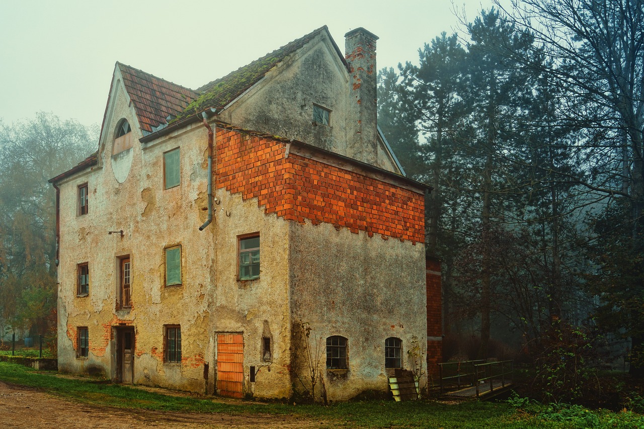 an old building sitting on the side of a dirt road, a photo, inspired by Gerard Soest, shutterstock, tonalism, mill, normal place with weird feeling, (((mist))), overcast weather
