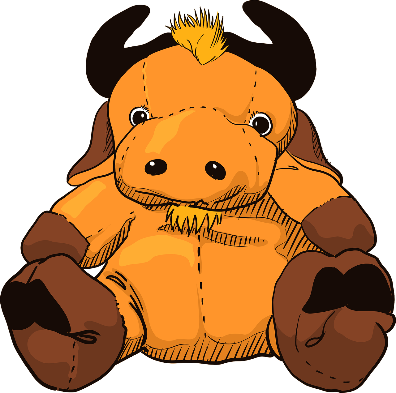a close up of a stuffed animal on a black background, a digital rendering, cartoonish vector style, minotaur, orange fluffy belly, toy photo