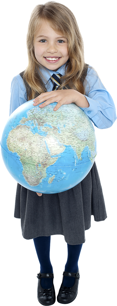 a girl in a school uniform holding a globe, by Kurt Roesch, pixabay, bottom angle, istockphoto, stock footage, continents