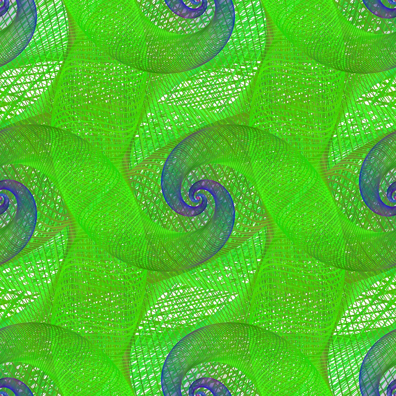 a green background with a spiral design, inspired by Lorentz Frölich, woven with electricity, blue-green fish skin, lime and violet, stereogram