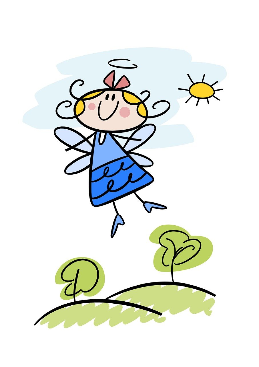 a drawing of a little girl flying through the air, naive art, angel, slightly sunny weather, simple cartoon, gardening