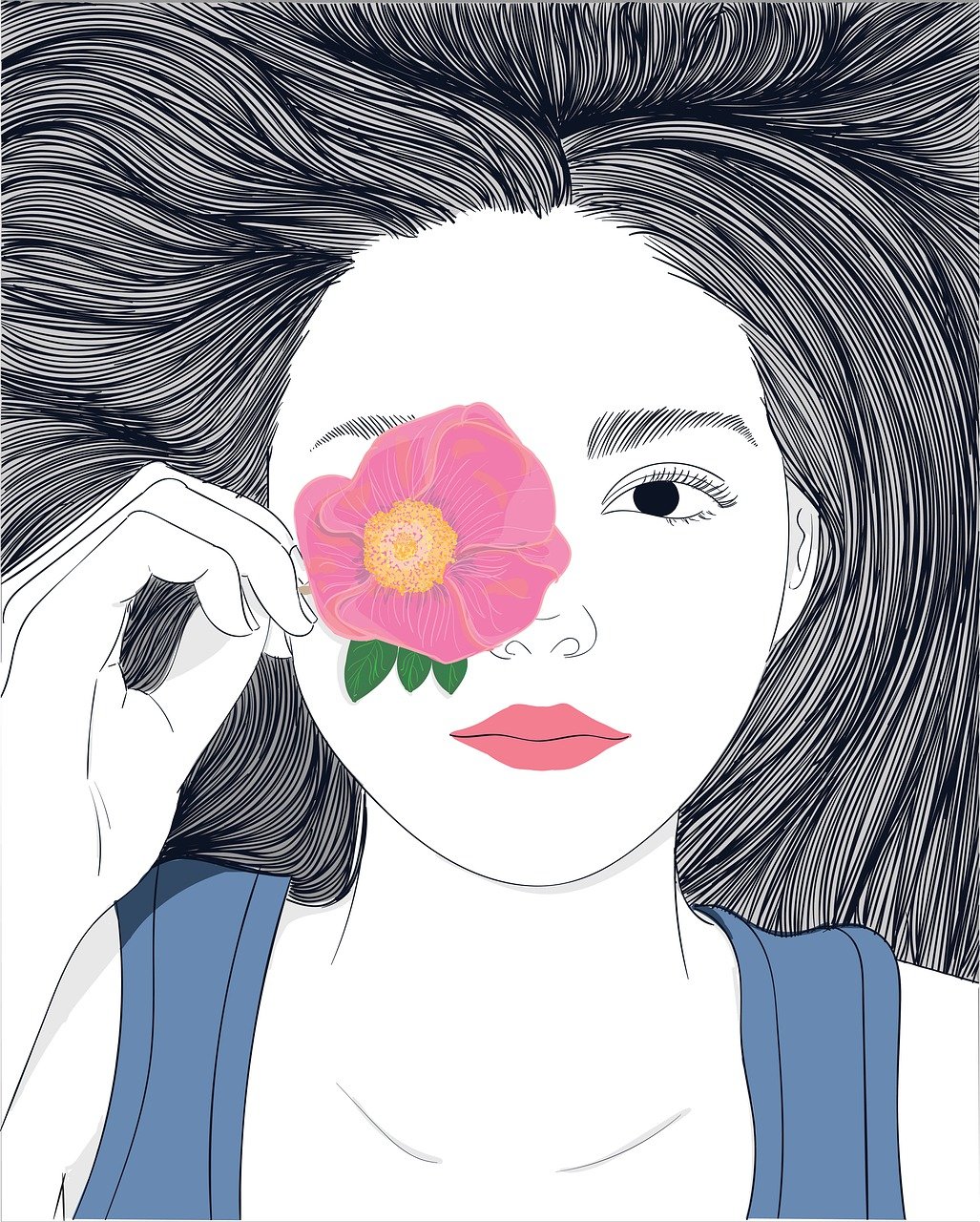 a woman with a flower on her face, vector art, shutterstock contest winner, aestheticism, flat color and line, they look me in the eye, very beautiful photo, whole page illustration