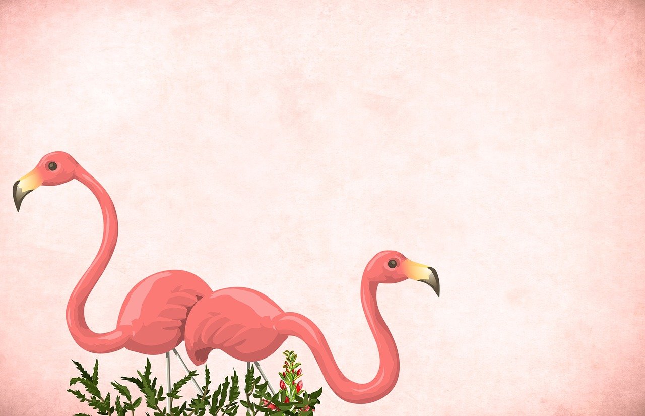 a couple of pink flamingos standing next to each other, an illustration of, inspired by Christoffer Wilhelm Eckersberg, fine art, banner, background image, christmas, wide shot photo