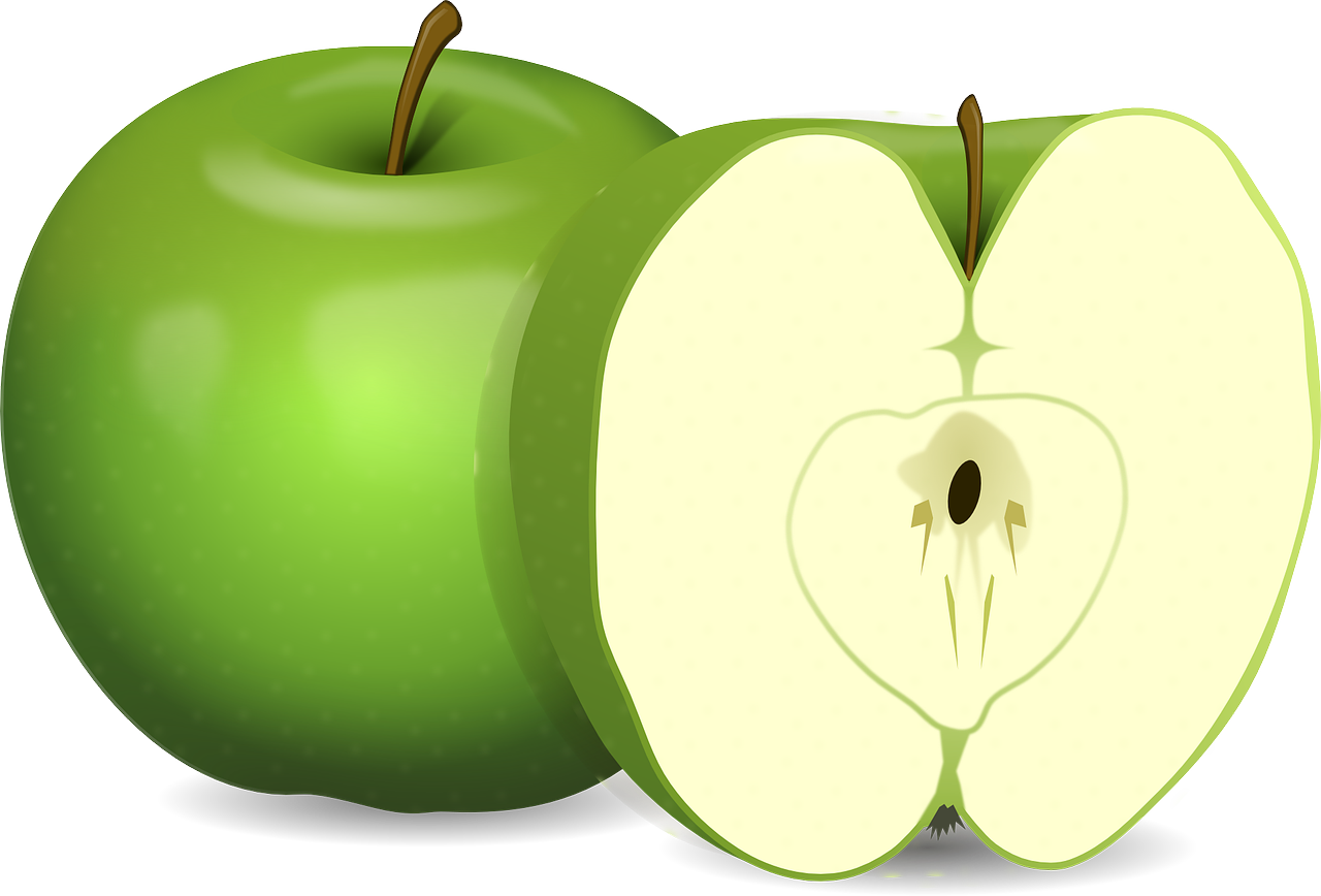 a green apple cut in half with a bite taken out of it, pixabay, digital art, !!! very coherent!!! vector art, an olive skinned, various posed, apples