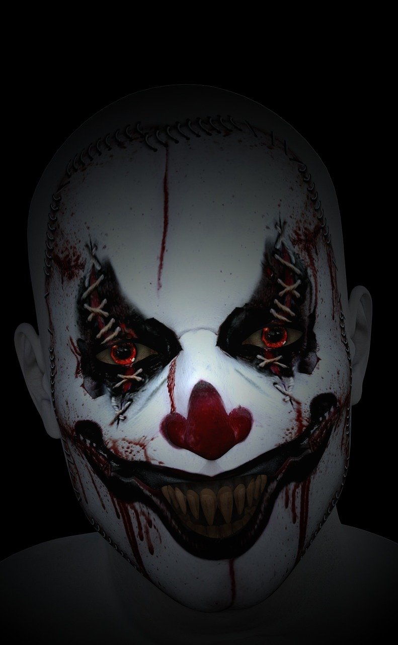 a close up of a creepy clown's face, a digital rendering, inspired by James Bolivar Manson, reddit, imvu, dark eye sockets, stitches, ( ( unreal engine ) )
