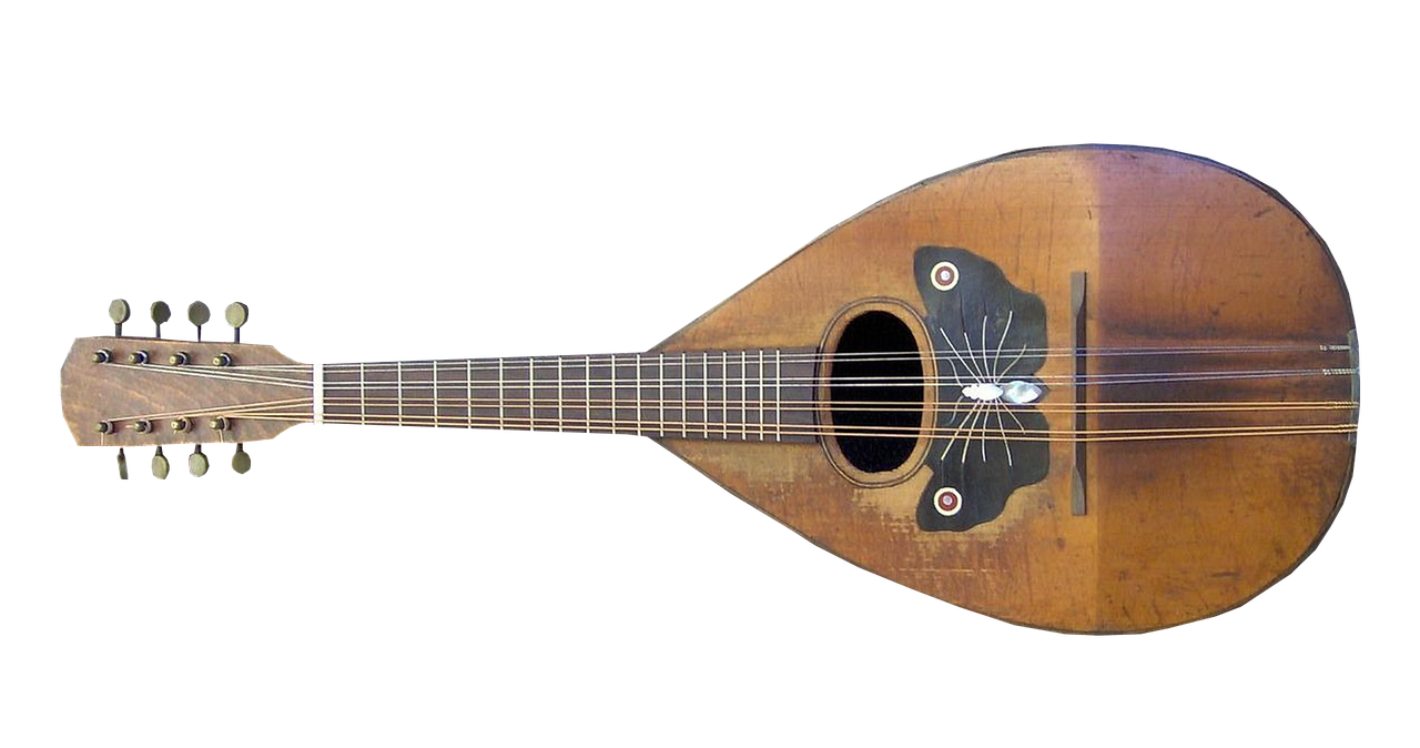 a close up of a guitar on a black background, inspired by Balázs Diószegi, sōsaku hanga, playing a mandolin, early 1 9 0 0's, bird's eye view, wikimedia commons