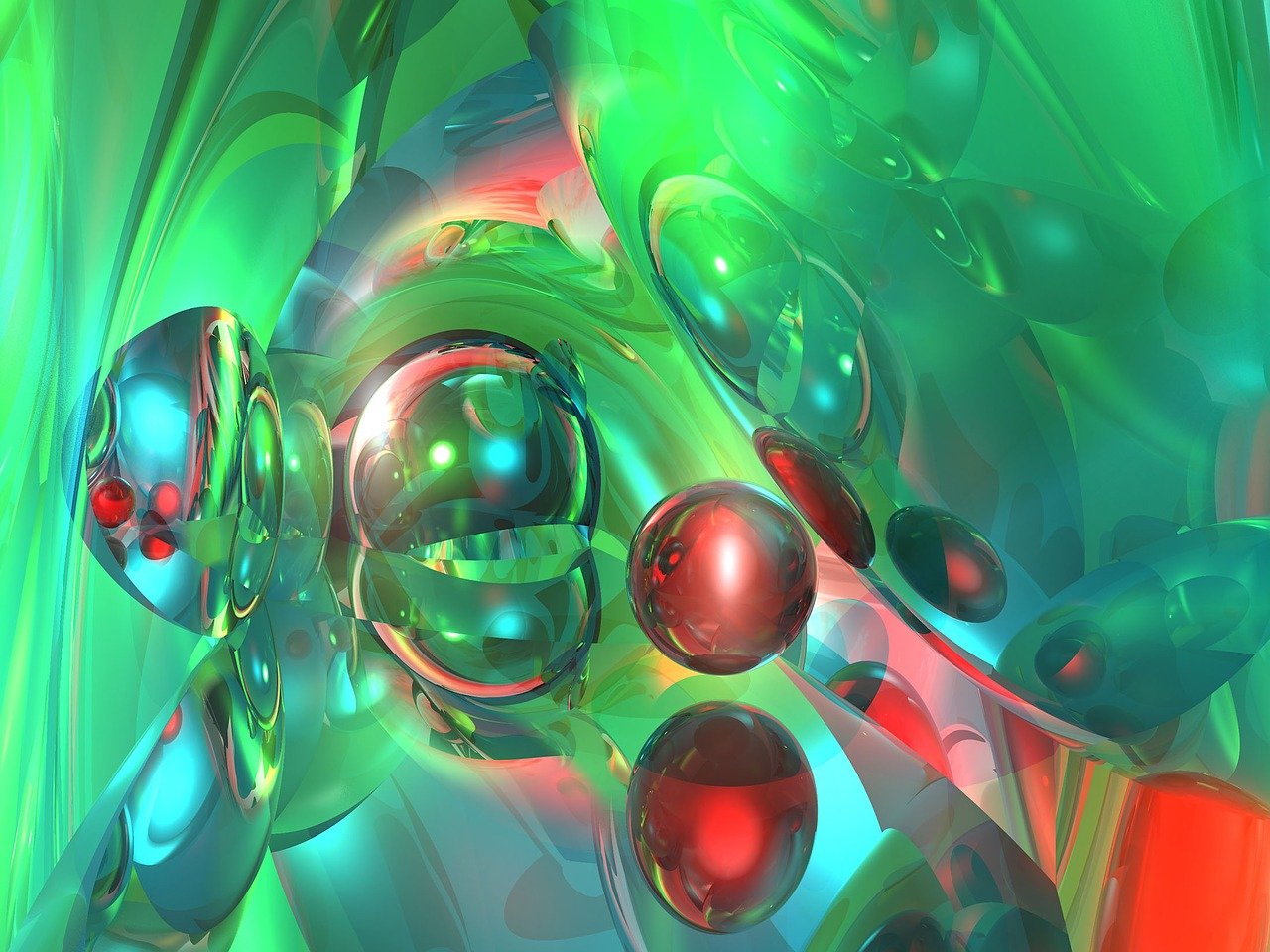 a computer generated image of a green and red object, a raytraced image, inspired by Aleksander Gierymski, shutterstock, digital art, underwater bubbles background, abstract mirrors, 4 k / 8 k, glossy digital painting