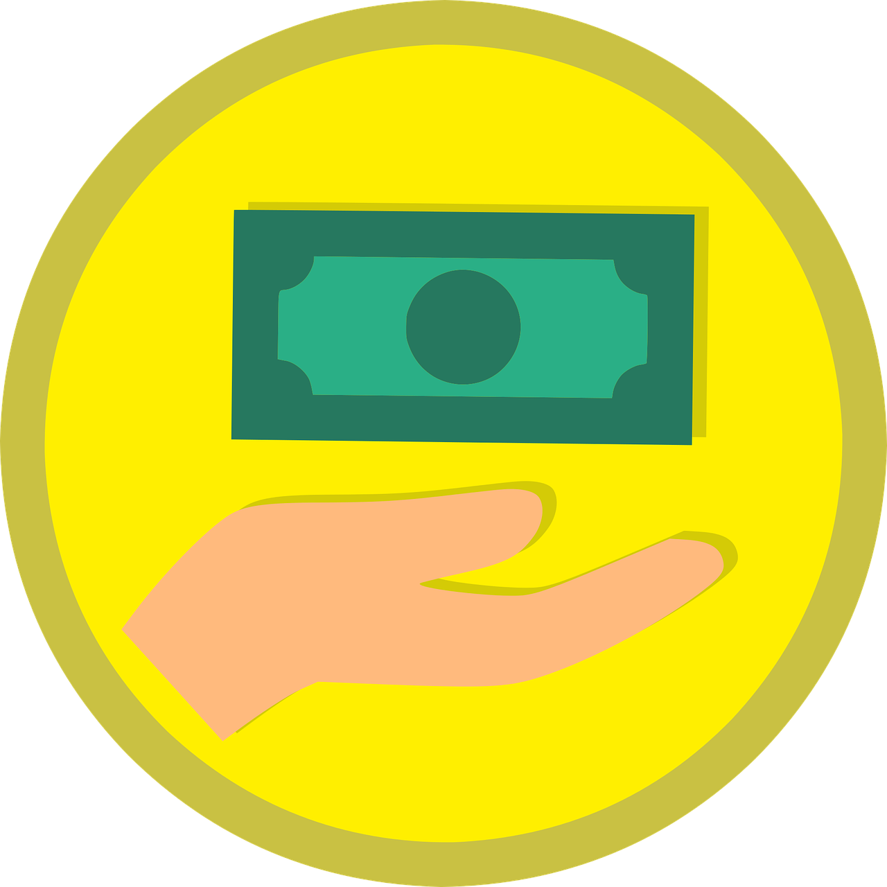 a person's hand holding a money bill, pixabay contest winner, conceptual art, badge, yellow, circle, broadshouldered