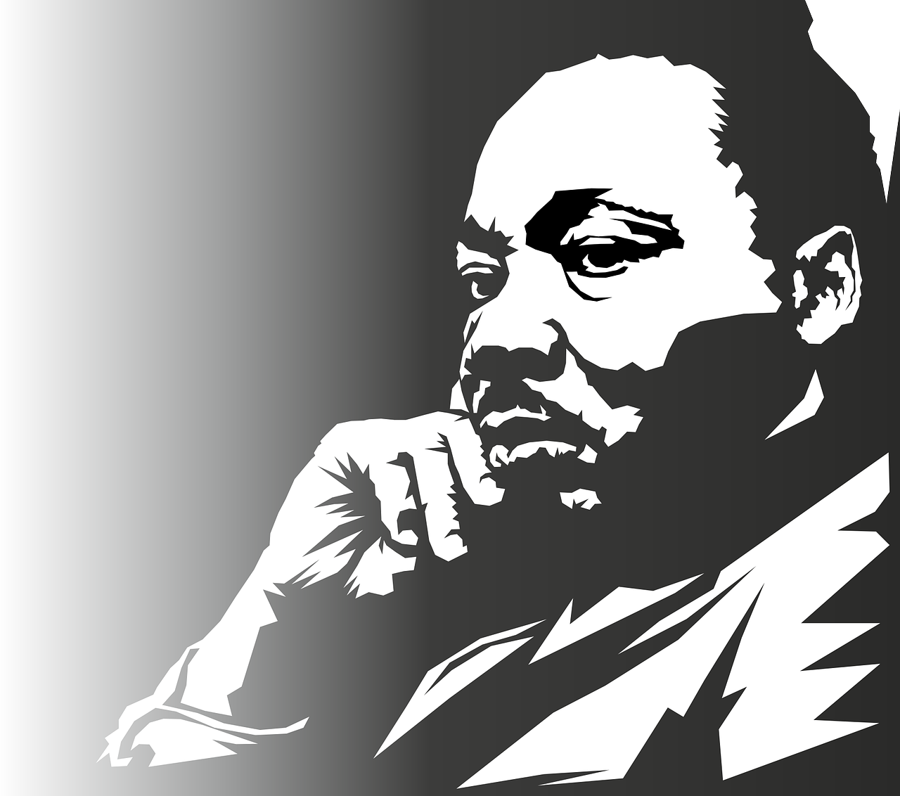 a black and white photo of a man with a beard, vector art, pixabay, digital art, martin luther king, right side composition, portrait of a king, resting