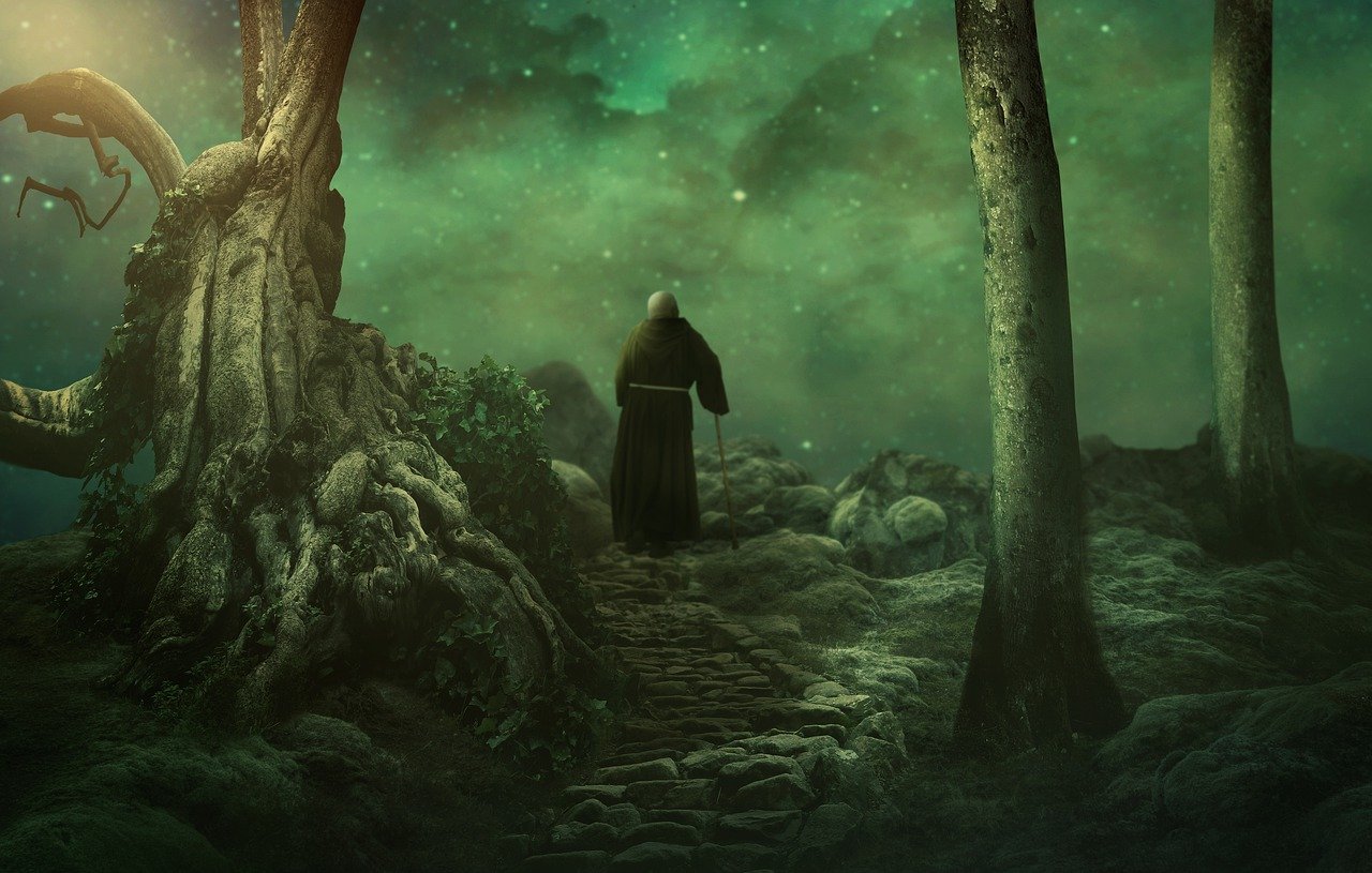 a person walking through a forest at night, a matte painting, deviantart contest winner, digital art, holy man looking at ground, wearing dark green robes, dark ages, on the path to enlightenment