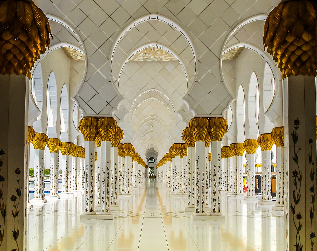 the inside of a large white and gold building, by Sheikh Hamdullah, shutterstock, elegant walkways between towers, 8 khd post - processing, where being rest in peace, miyamoto abduzeedo