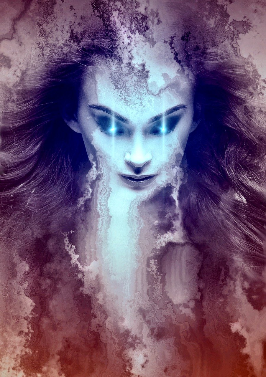 a digital painting of a woman with blue eyes, digital art, inspired by WLOP, digital art, emanating menacing aura, female made of ice, art concept for a book cover, symmetical face