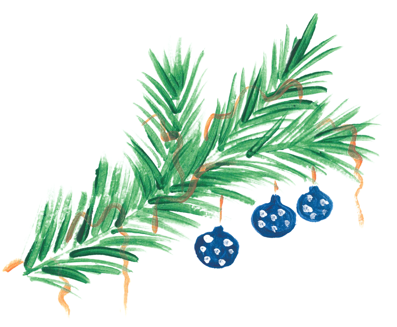 a christmas tree branch with ornaments hanging from it, an illustration of, inspired by Masamitsu Ōta, edible, [bioluminescense, file photo, bold brushwork