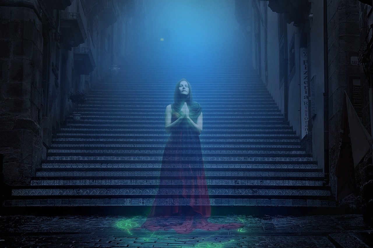 a woman in a long dress standing on a set of stairs, pixabay contest winner, digital art, neon fog, praying, shamanistic dark blue clothes, high quality fantasy stock photo