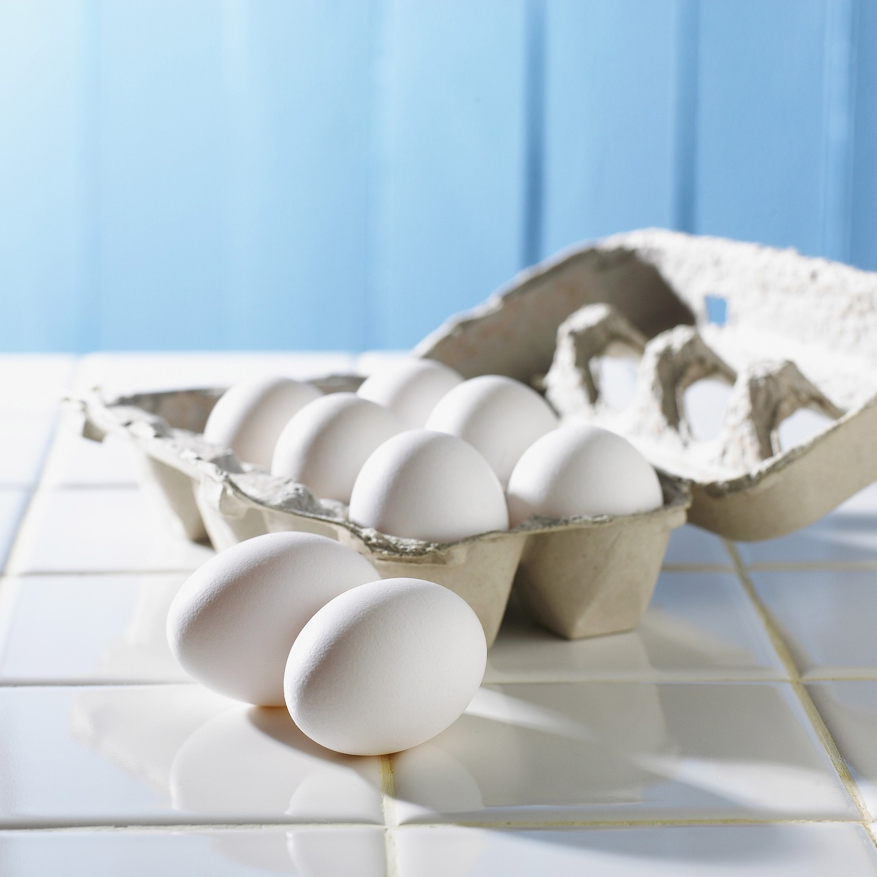 a carton of eggs sitting on top of a tiled floor, shutterstock, great light and shadows”, close-up product photo