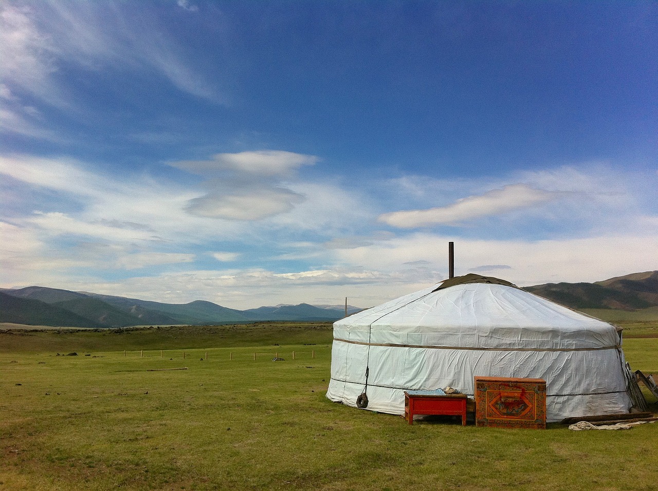 a white yurt sitting on top of a lush green field, by Muggur, hurufiyya, big blue sky, makeup, whitehorns, jinyiwei