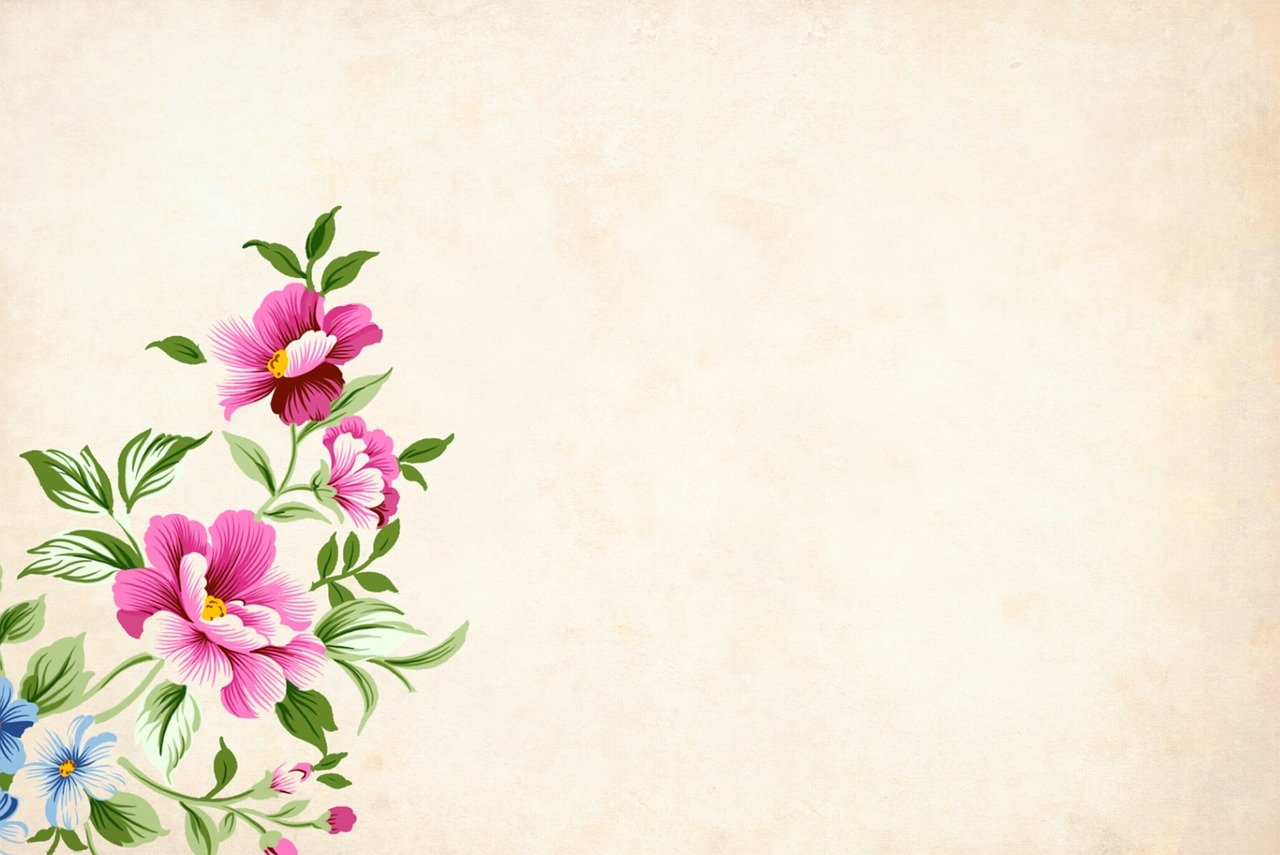 a painting of pink and blue flowers on a beige background, a digital painting, by Yi Jaegwan, trending on pixabay, vintage - w 1 0 2 4, wall painting, looking left, background image