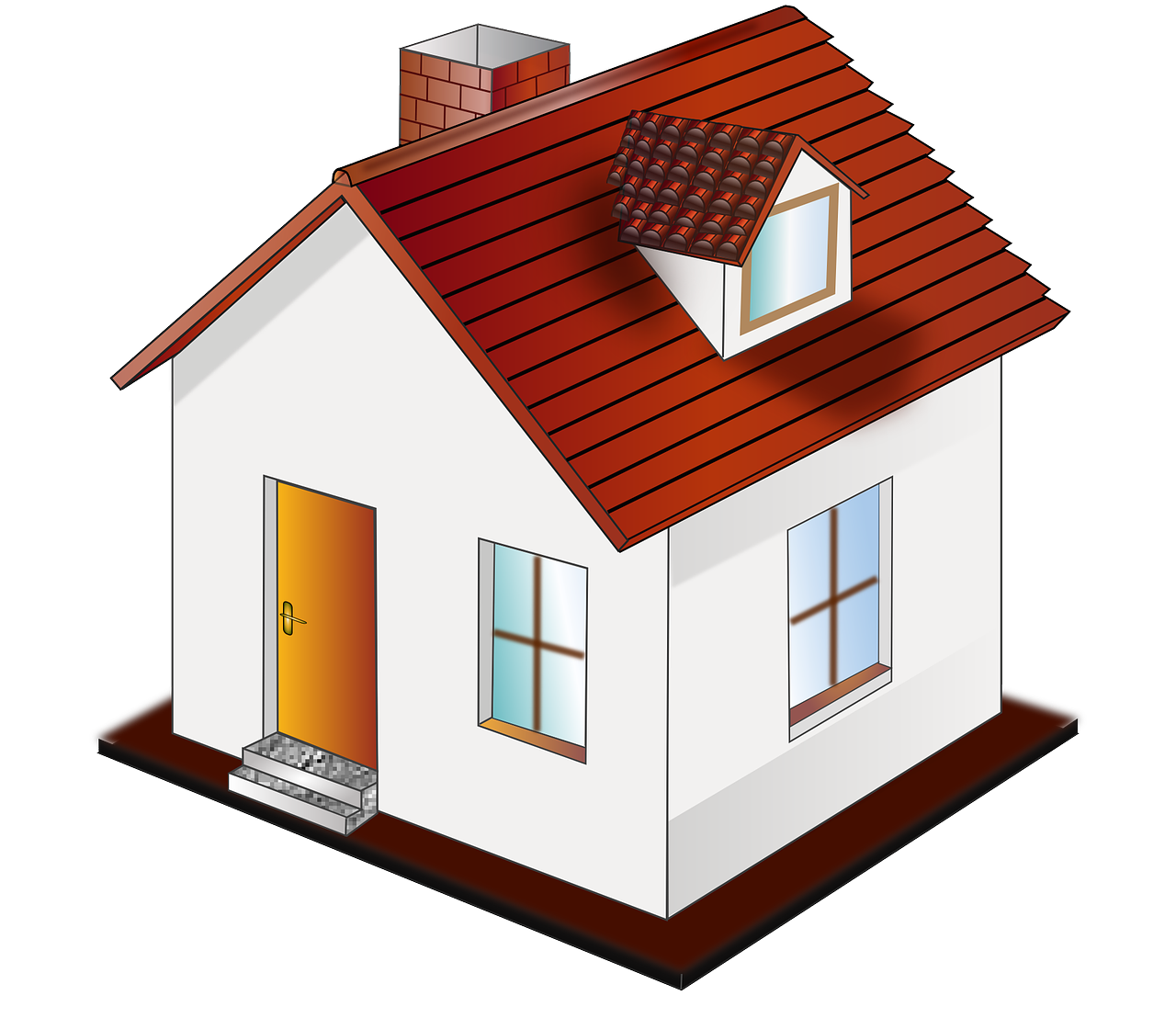 a small white house with a red roof, a digital rendering, detailed vector, chimney, high angle view, in a comfy house