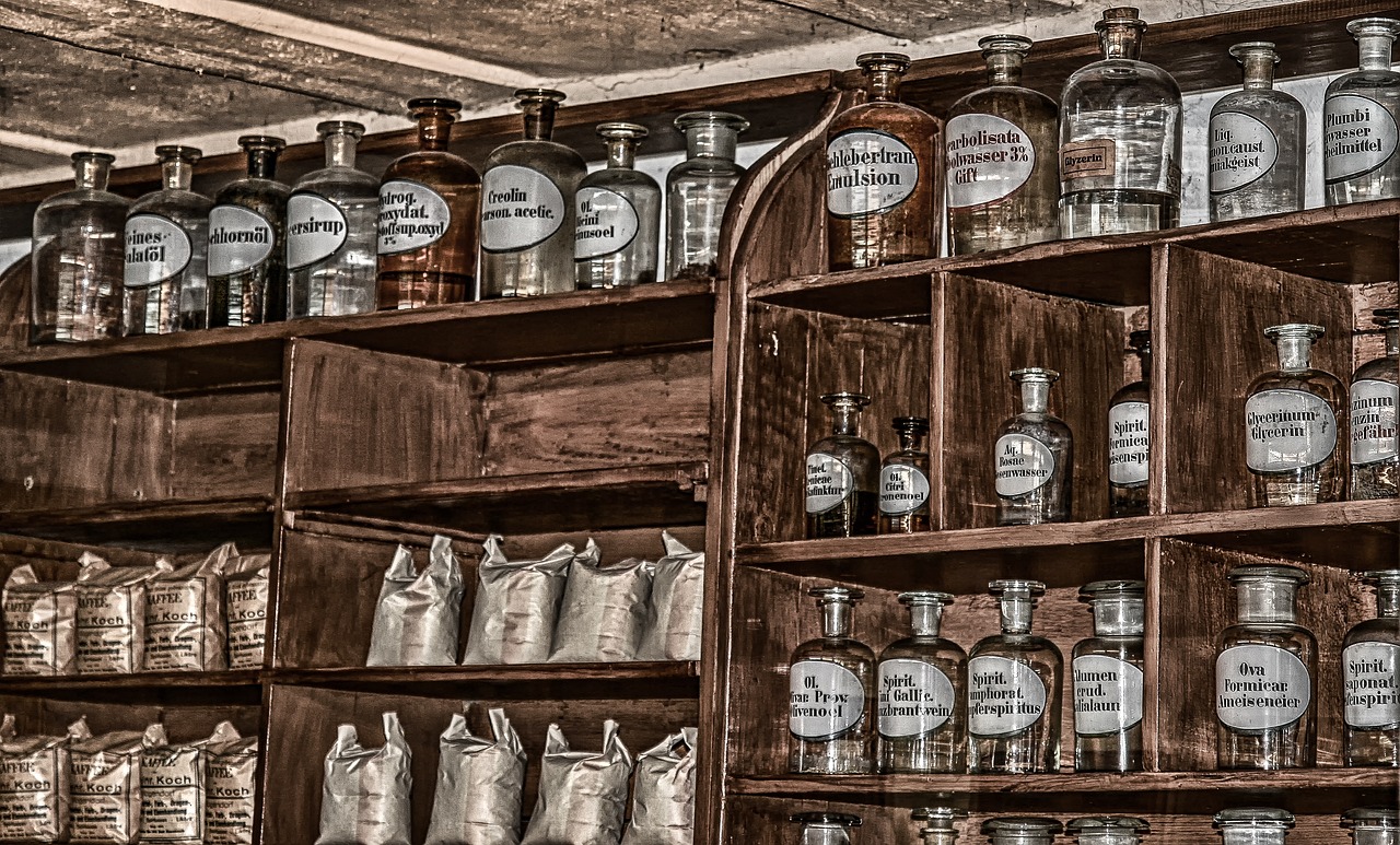 a bunch of bottles that are on a shelf, a portrait, pixabay, apothecary, old signs, portrait n - 9, high resolution