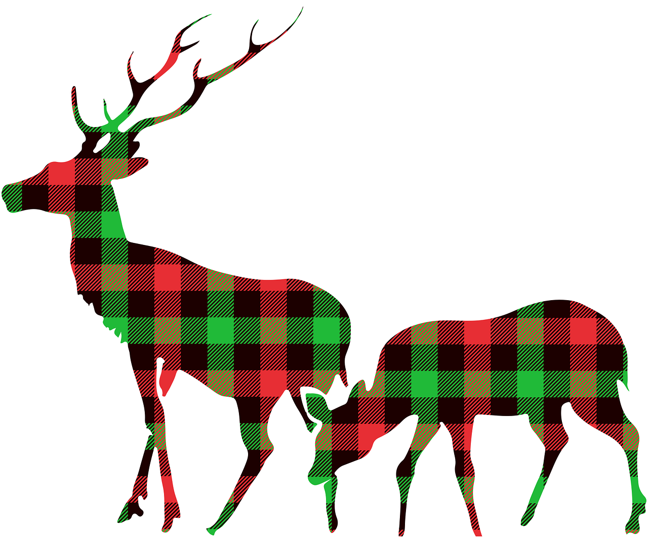 a couple of deer standing next to each other, a digital rendering, pixabay, folk art, tartan garment, -w 1024, neon outline, christmas