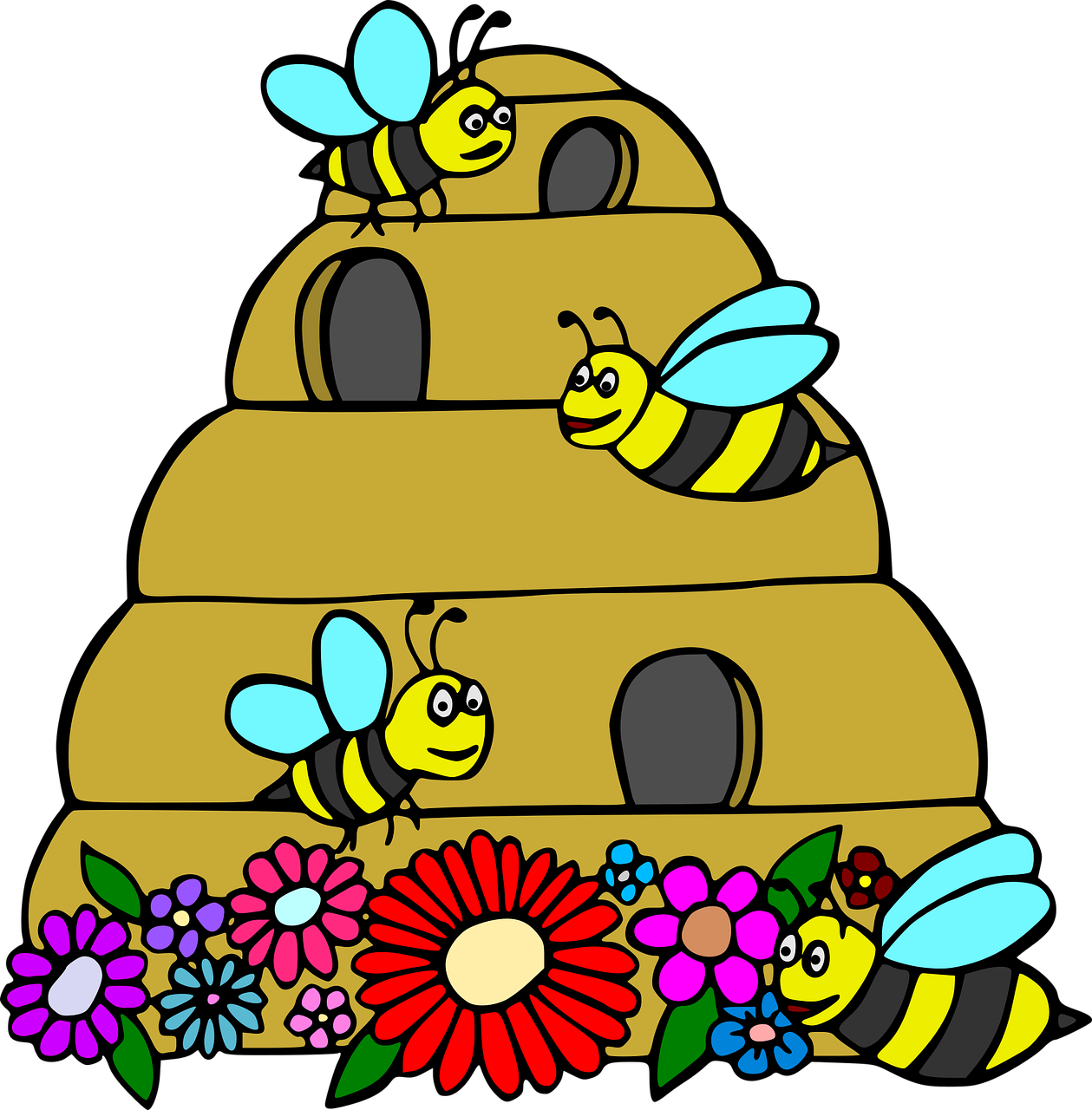 a bunch of bees flying around a beehive, a digital rendering, by Melissa A. Benson, naive art, on black background, 2 0 1 0 photo, coloring pages, stacked image