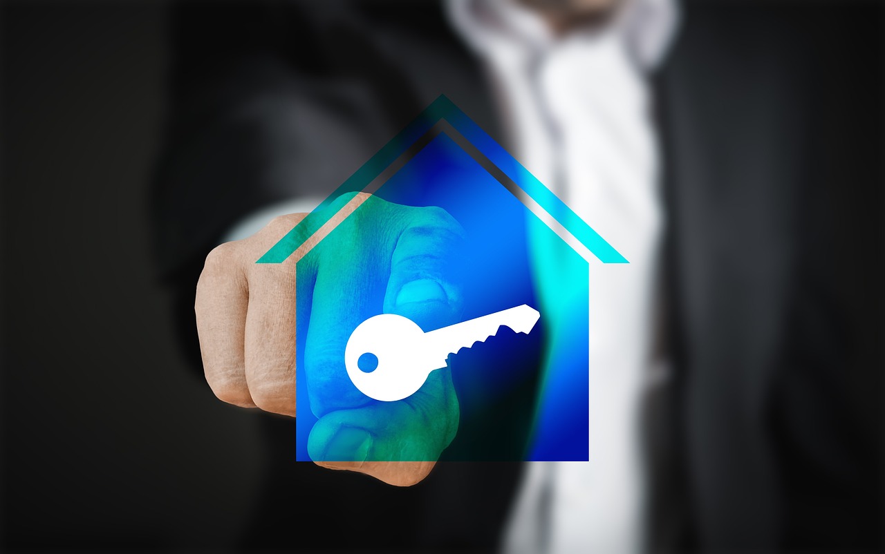 a man in a suit holding a house shaped key, a digital rendering, by Sam Black, pixabay, modernism, key hole on blue ball, securityguard, with pointing finger, dim lit