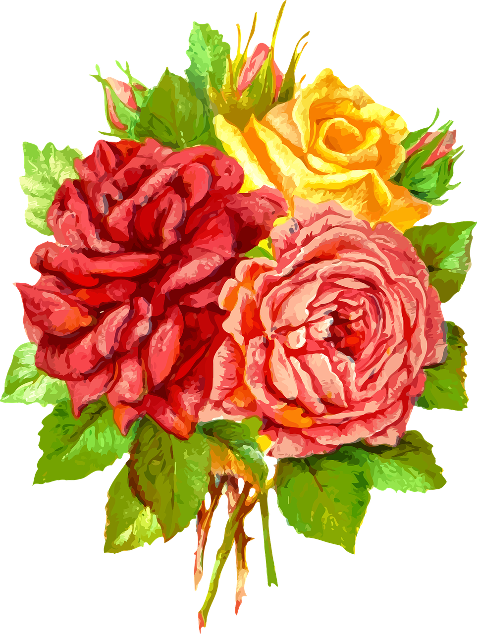 a painting of a bouquet of flowers on a black background, a digital painting, inspired by Lucy Madox Brown, flickr, romanticism, red rose, red and yellow scheme, detailed vectorart, three fourths view