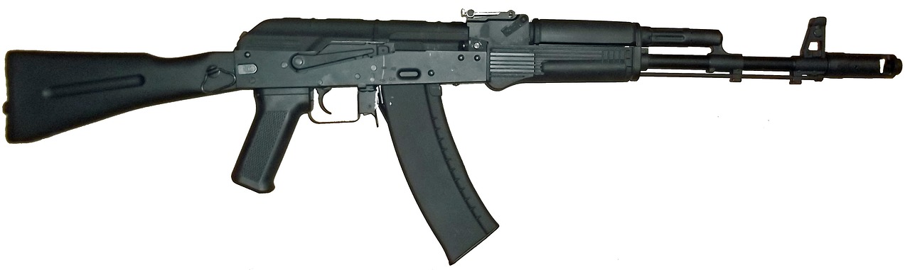a close up of a machine gun on a white background, pixabay, hurufiyya, ak - 4 7, right side profile, southern slav features, wikimedia commons