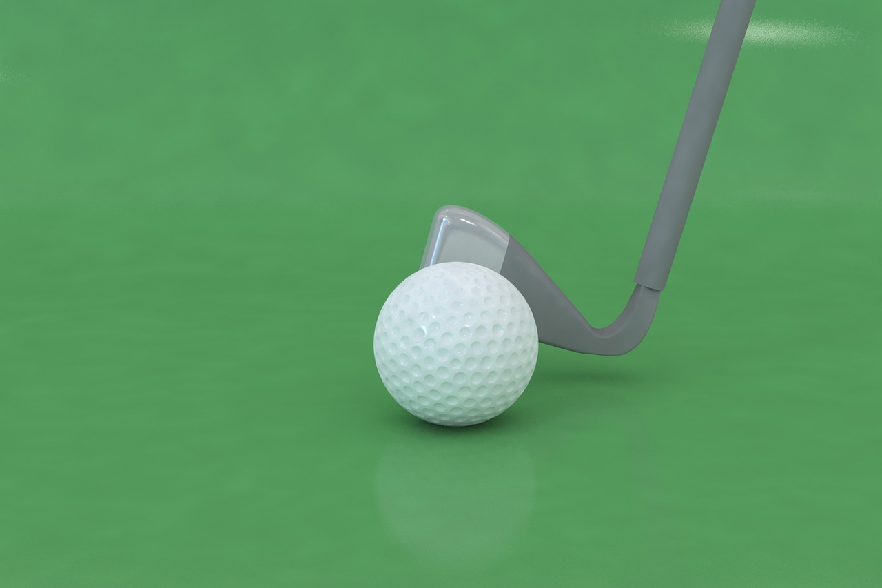 a golf ball and a golf club on a green surface, polycount, digital art, octane render h 1024, upturned nose, bended forward, motivational