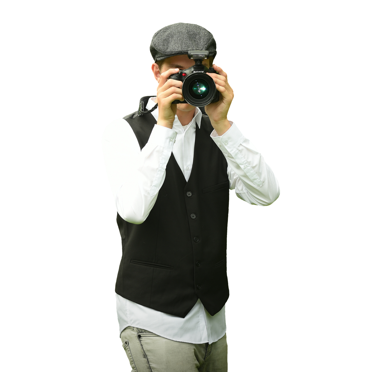 a man taking a picture with a camera, art photography, suit vest and top hat and gloves, fully body photo, action photo