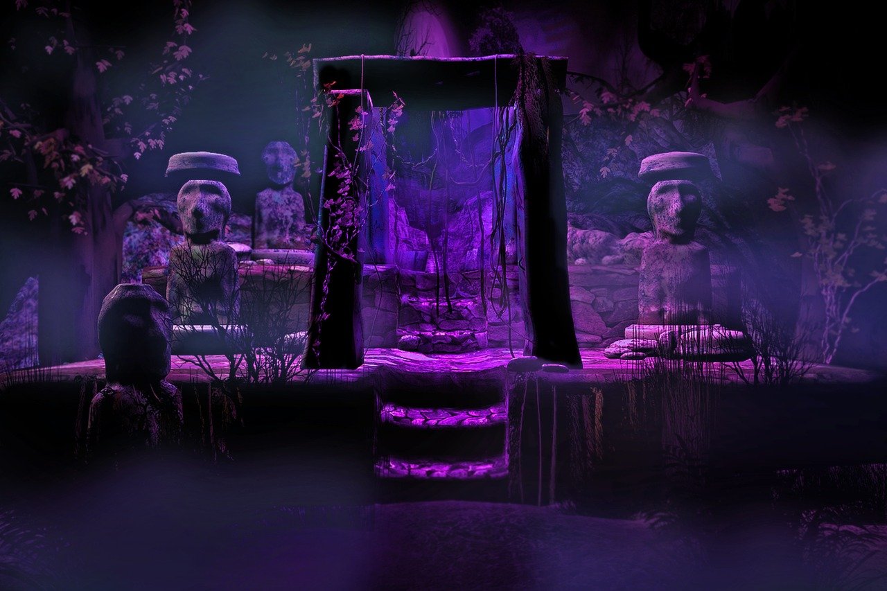 a group of statues sitting on top of a lush green field, an ambient occlusion render, purple neon colours, stone gate to the dark cave, background image, hellish background