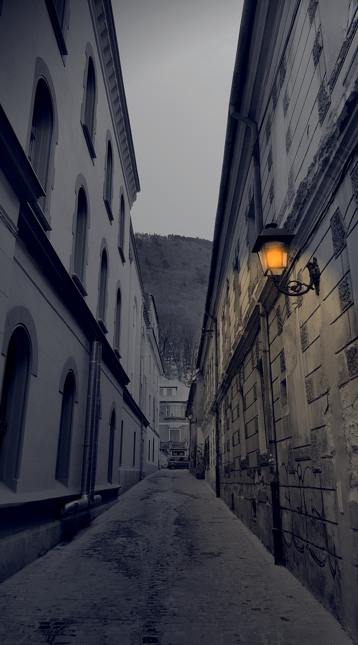 a street light that is on the side of a building, a photo, by Hristofor Žefarović, pixabay, baroque, narrow and winding cozy streets, cold scene, navy, atmosphere of silent hill