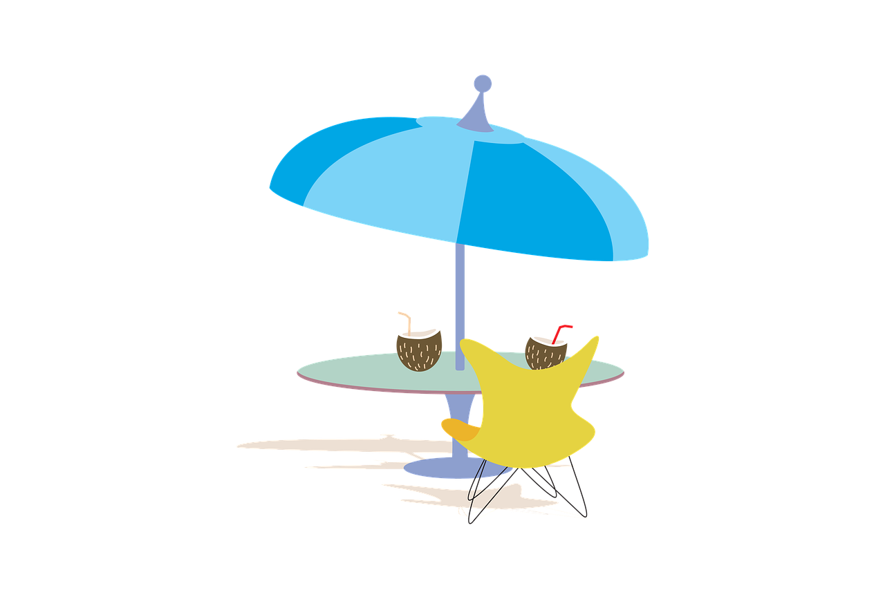 a person sitting at a table with an umbrella, a cartoon, by Allen Jones, conceptual art, banana, black, star, resort