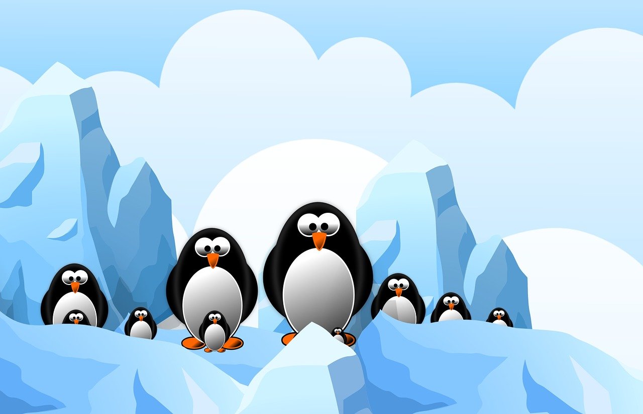 a group of penguins standing on top of an iceberg, an illustration of, beautiful fractal ice background, simple and clean illustration
