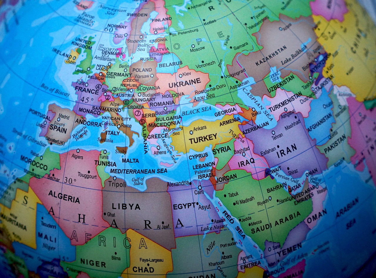 a close up of a map of the world, by Micha Klein, shutterstock, arabic!, map of europe, israel, screengrab