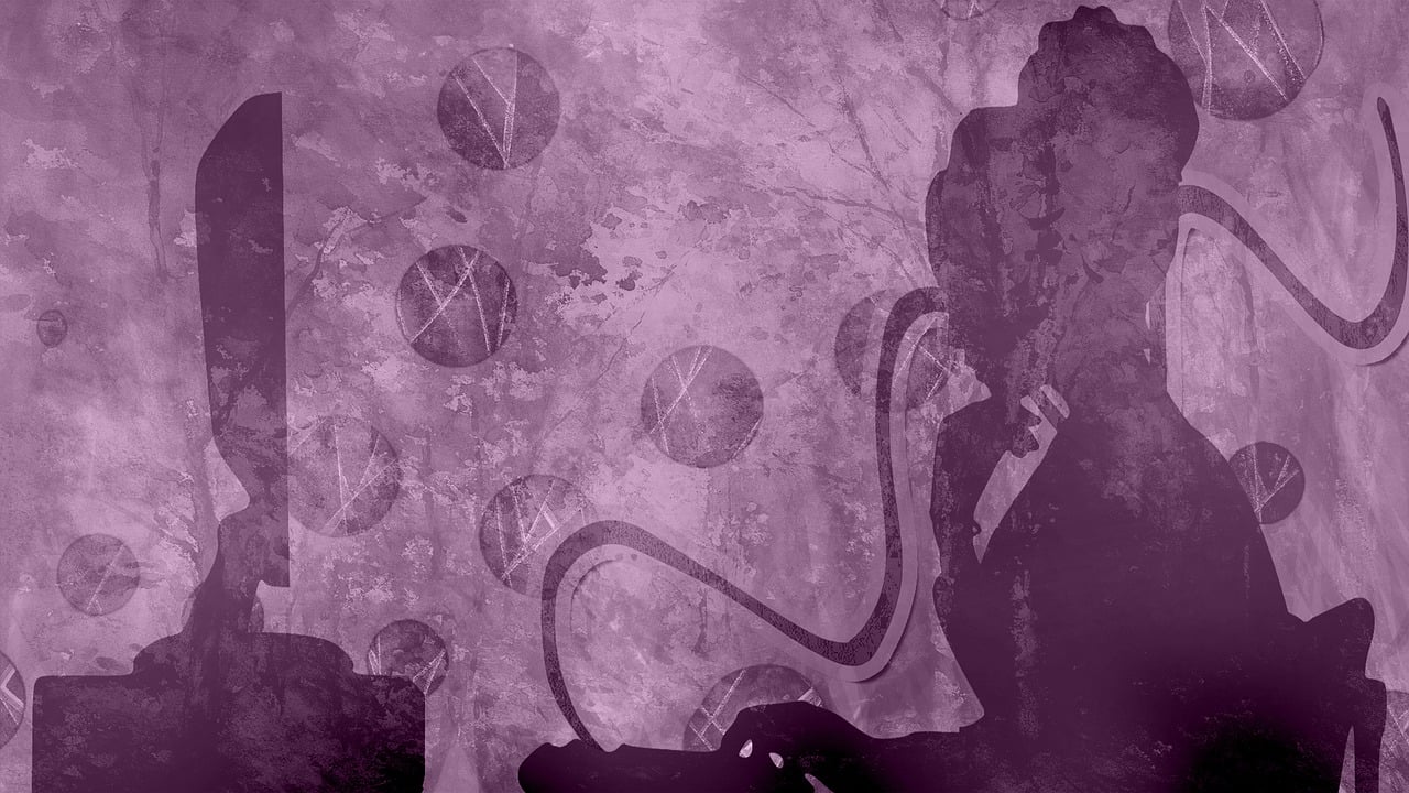 a person standing in front of a wall with a knife, digital art, inspired by Sigmar Polke, deviantart, digital art, octopus wrestling with a sphere, violet tones, detail, snake woman