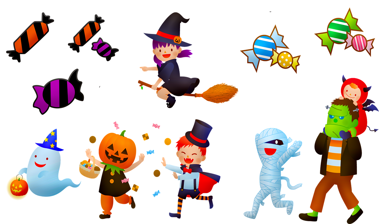 a group of children dressed up in halloween costumes, by Ingrida Kadaka, trending on pixabay, digital art, on black background, candy decorations, super detail of each object, [ 4 k digital art