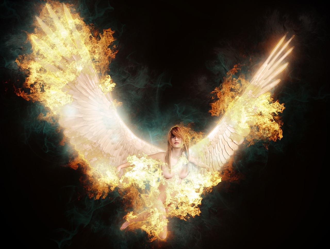 an image of an angel with fire coming out of it's wings, digital art, inspired by Jan Baptist Weenix, digital art, aphrodite goddess of love, high quality fantasy stock photo, taylor swift as a heavenly angel, biblically accurate angel