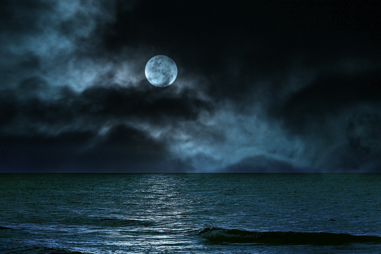a full moon is shining over the ocean, a matte painting, by Kazimierz Wojniakowski, shutterstock, romanticism, glowing ominous clouds, ocean pattern and night sky, dramatic”, dramatic ”