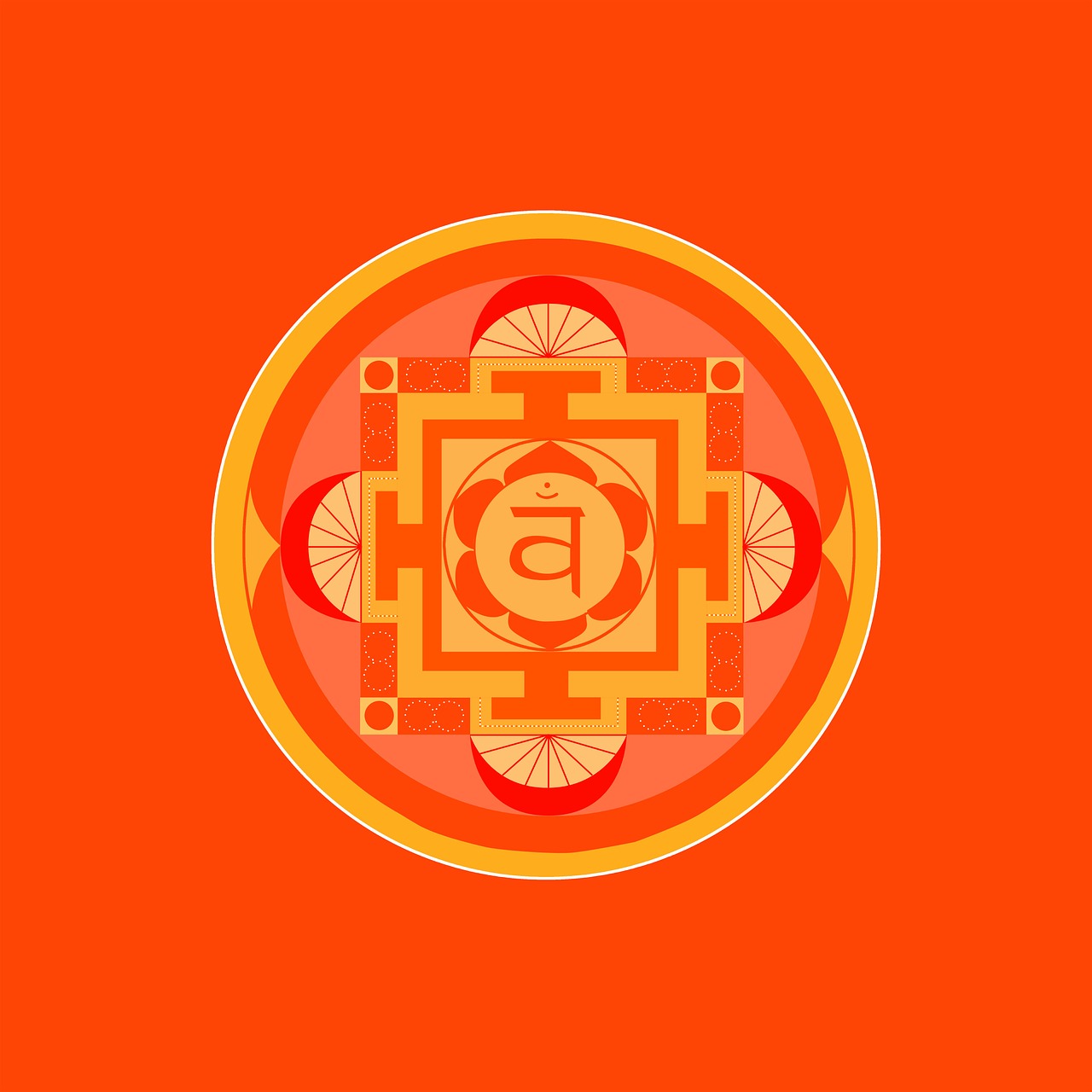the chakrai symbol on an orange background, bright colors with red hues, perfect detail, centered in panel, carravaggion
