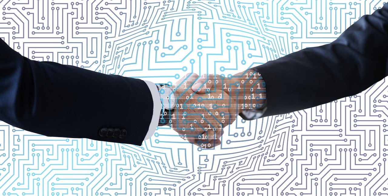 a close up of two people shaking hands, a digital rendering, digital art, portrait of computer & circuits, 💣 💥💣 💥, algorithmic, listing image