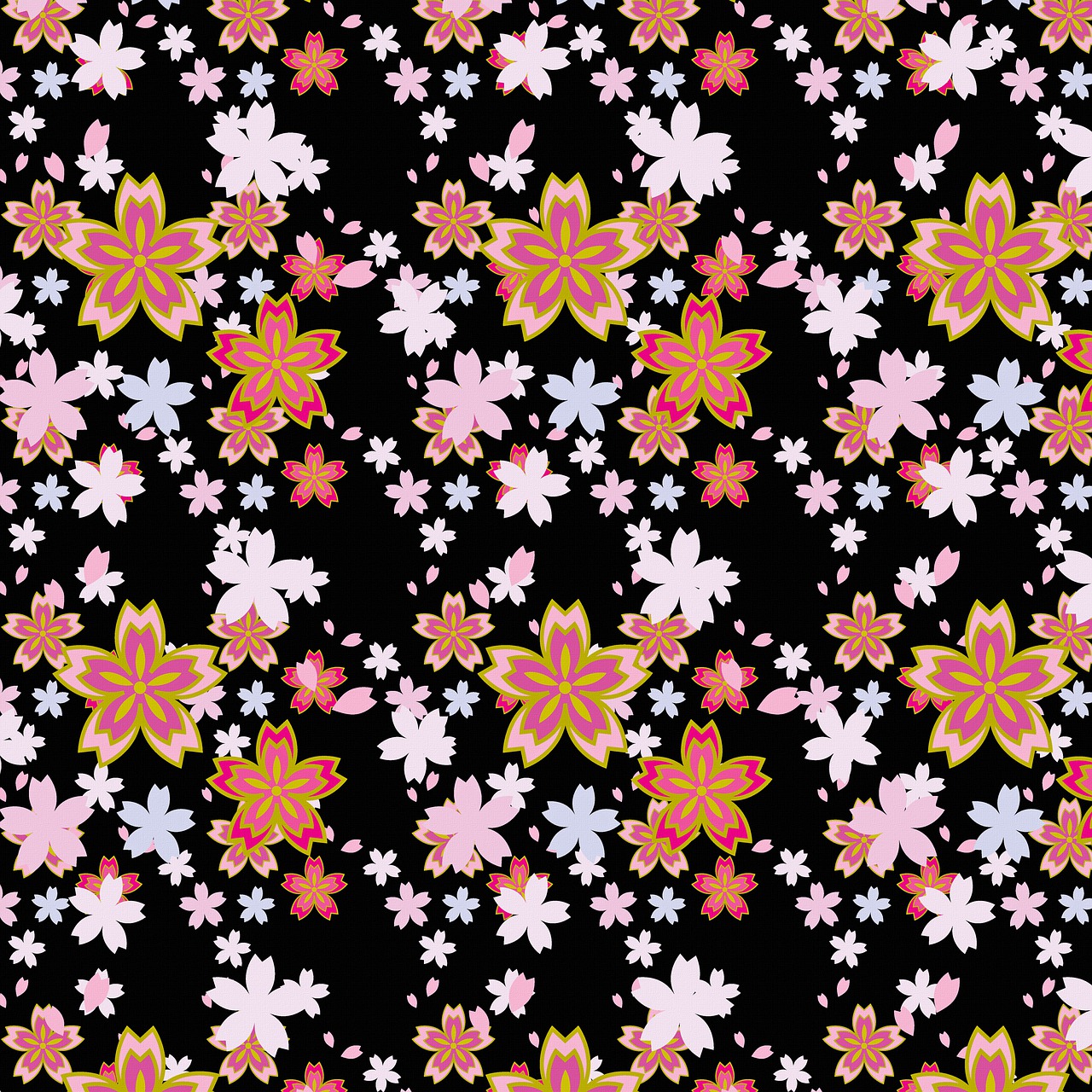 a pattern of pink and white flowers on a black background, vector art, sōsaku hanga, seasons!! : 🌸 ☀ 🍂 ❄, pink orange flowers, many small details, seamless texture