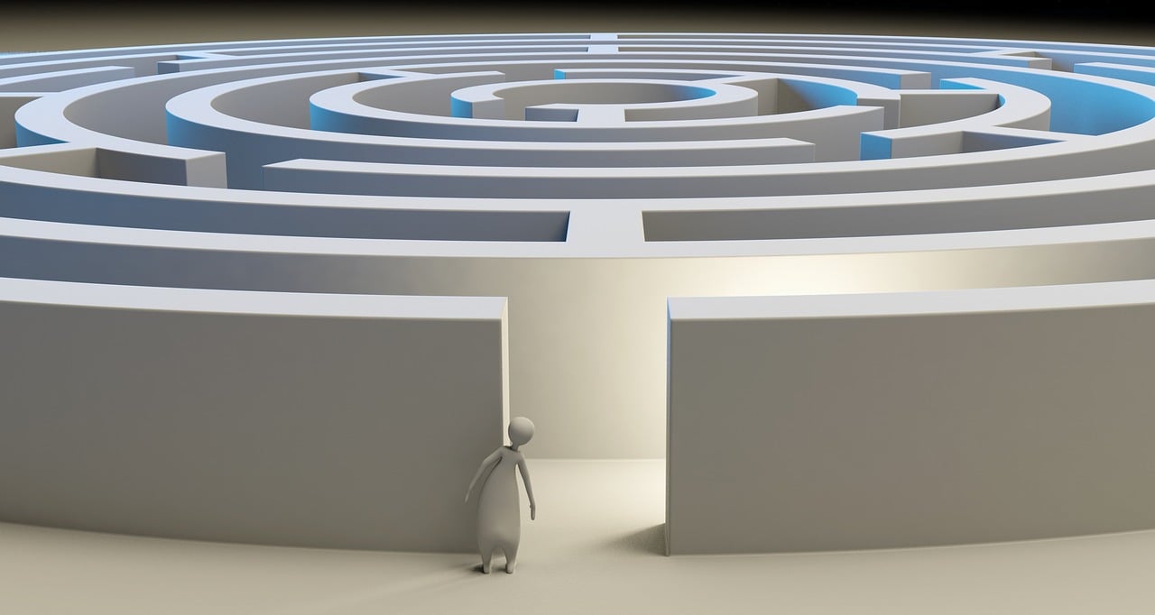 a man standing in front of a circular maze, a digital rendering, precisionism, about to enter doorframe, 3 dmax, someone lost job, panels